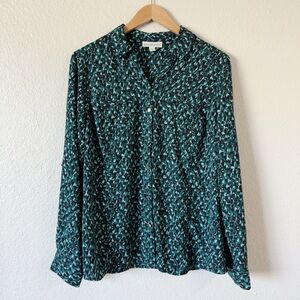 Dana Buchman Button Down Houndstooth Long Sleeve Dark Green Blouse size XL